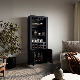 Nero Tall Bar Cabinet 4-Tier Modern Bar Cabinet with Glass Holder Stemware Rack, Wine Cabinet, Liquor Cabinet