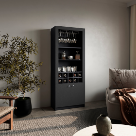 Nero Tall Bar Cabinet 4-Tier Modern Bar Cabinet with Glass Holder Stemware Rack, Wine Cabinet