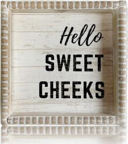 Boho Farmhouse Wooden Framed Bathroom Decor Signs, Funny Restroom Decorative Plaque Small Cute, Toilet Rules Shelf Decoration (Hello Sweet Cheeks)