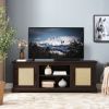Farmhouse Rattan TV Stand Console Table for TVs up to 70 Inches, TV Console Table with 2 Storage Shelves, 2 Natural Rattan Door Cabinets