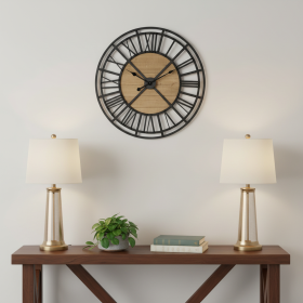Iron Wood Analog Round Wall Clock (Color: Black And Natural, size: 30")