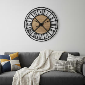 Iron Wood Analog Round Wall Clock (Color: Black And Natural, size: 42")