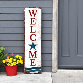36" Red White And Blue Americana Solid Wood Welcome Reversible Porch Sign (Color: White)