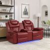 Home Theater Seating Manual Recliner Loveseat with Hide-Away Storage, Cup Holders and LED Light Strip for Living Room, Wine Red